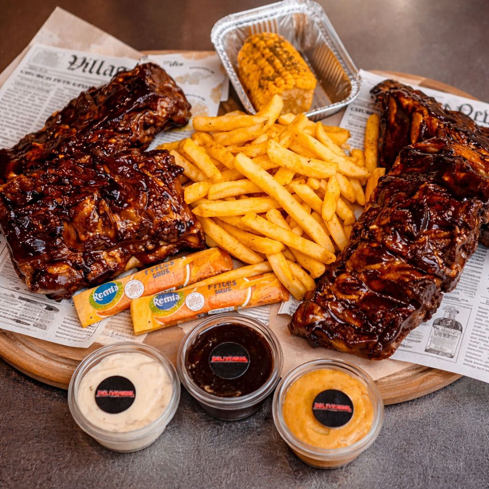 Twee porties spareribs met friet, maiskolf en drie Deliverrib-sausjes